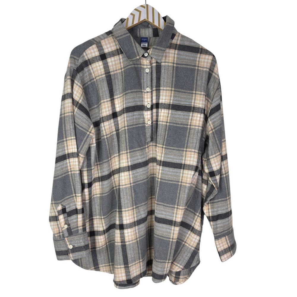OLD NAVY Shirt Womens Large Gray Plaid Flannel Maternity Long Sleeve Button Top